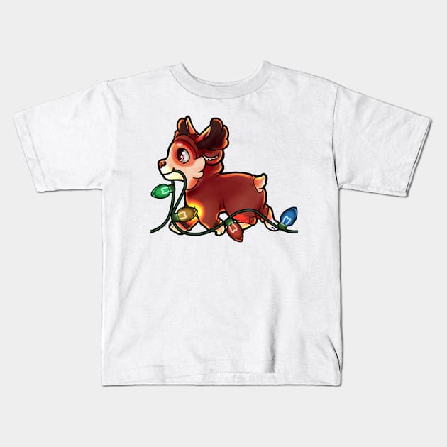 Corgi in a reindeer outfit carrying lights Kids T-Shirt by OrangeRamphasto